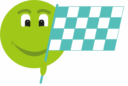 Grafik des mykie-Avatar Mykel schwenkt die Zielfahne - mykie® kieferorthopädische Frühbehandlung bei Dr. Andrea Freudenberg in Weinheim